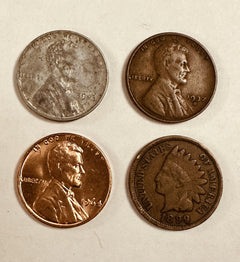 4 US COINS - Indian Head Penny-WW2 Steel Cent Lincoln Wheat Cent-Circulated/BU#2