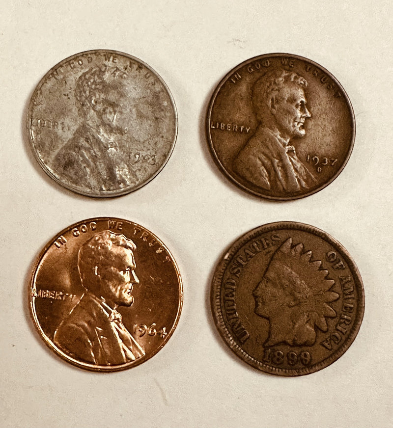 4 US COINS - Indian Head Penny-WW2 Steel Cent Lincoln Wheat Cent-Circulated/BU#2