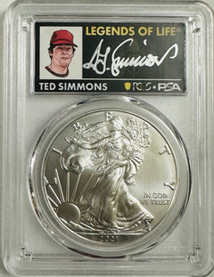 2021 (P) $1 Silver Eagle Emergency T1 PCGS  MS70 Legends of Life Ted Simmons