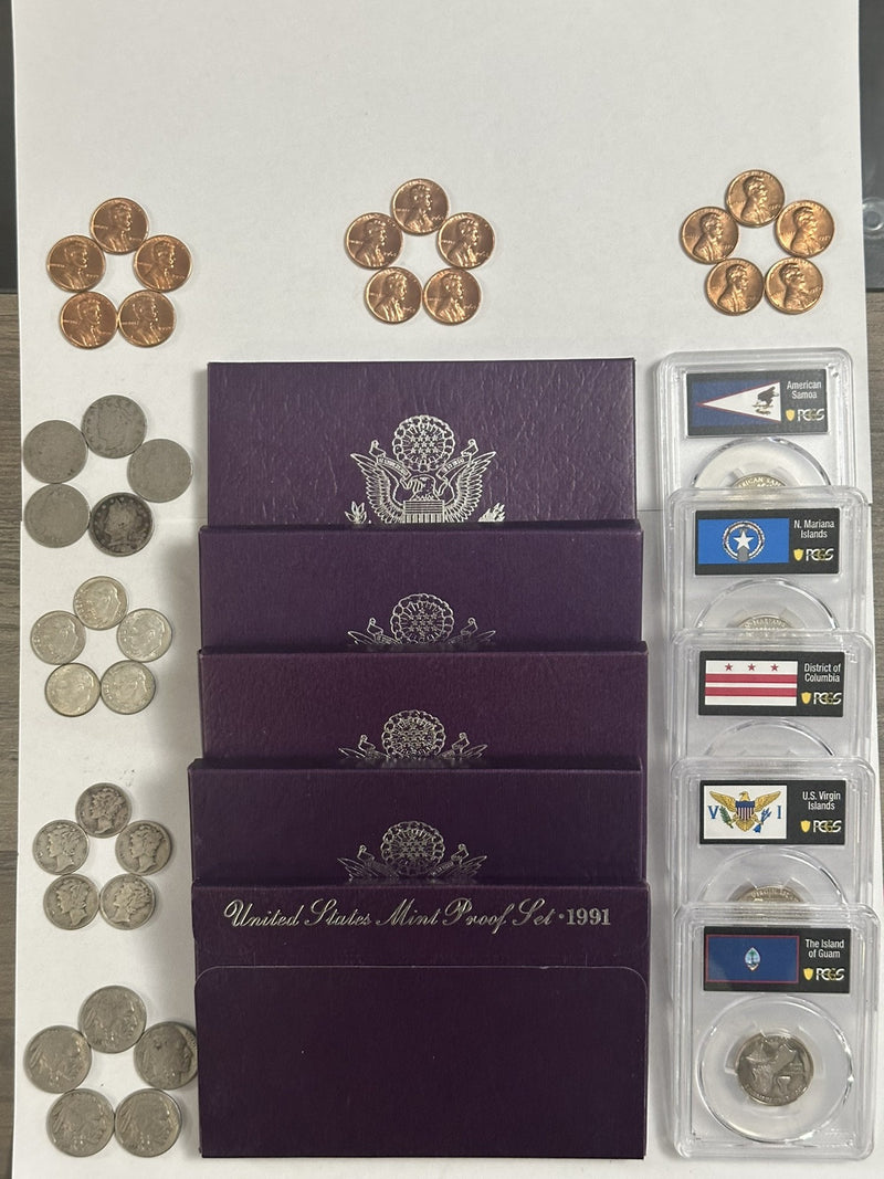 Lot Of 9 Vintage Coins, Proof Set-Territory Qrtr Silver & More(See  Description)