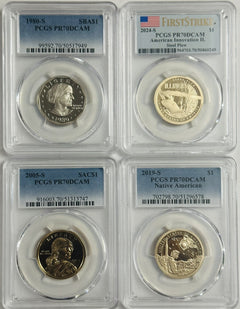 Lot Of 4 Different Perfect 70 Graded Coins(Susan B. Sacagawea, AM. Innov. N. Am)