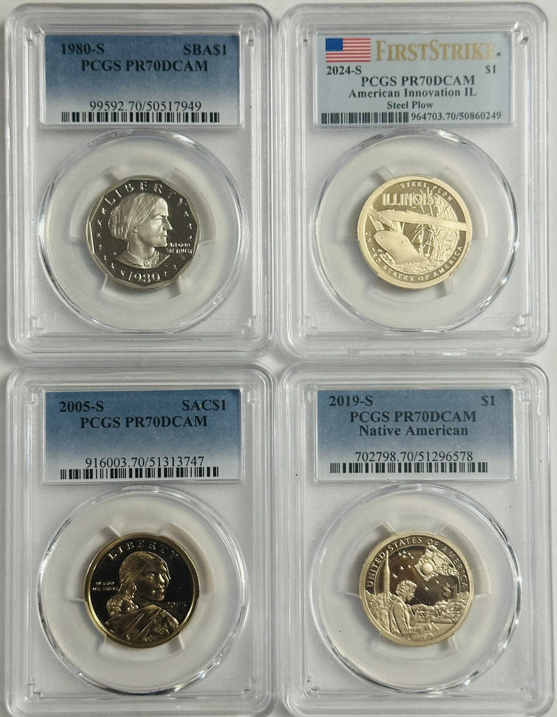 Lot Of 4 Different Perfect 70 Graded Coins(Susan B. Sacagawea, AM. Innov. N. Am)