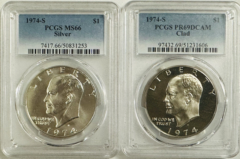 Lot Of 2 1974-S Eisenhower Dollar ( Silver & Clad) PCGS MS66 & PR69DCAM # OA 115