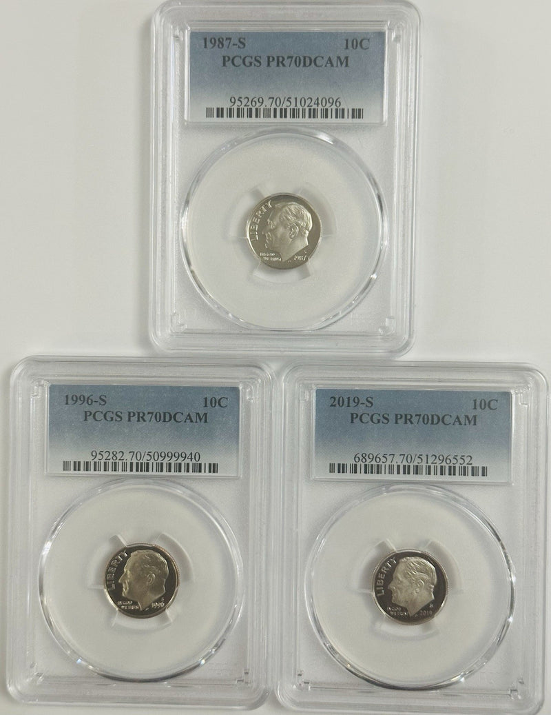 Lot Of 3 Perfect PR70DCAM DIMES FROM 1980's, 90's & 2000's As Pictured # OA 117